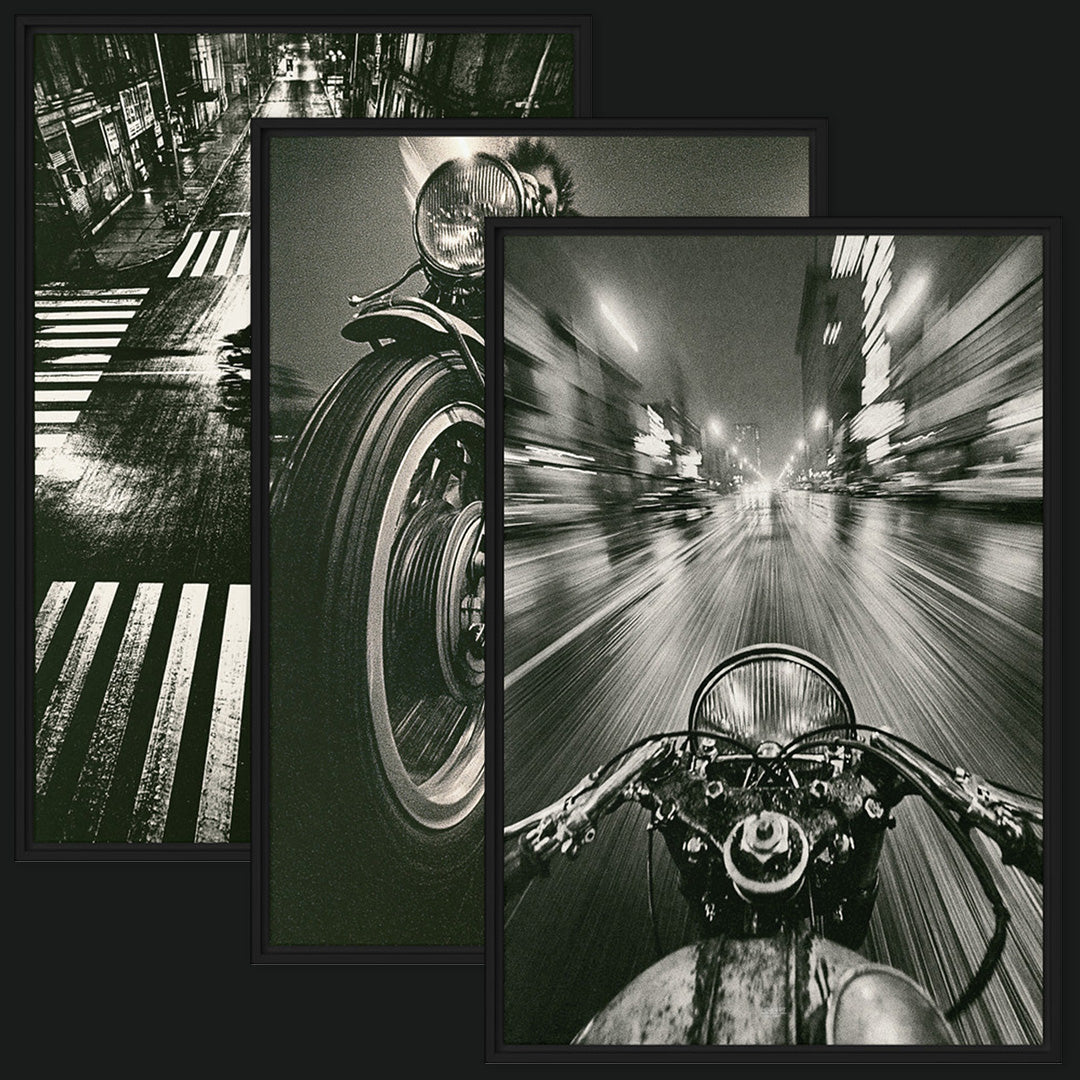 Framed Built to Vanish motorcycle triptych in a monochrome urban photography style