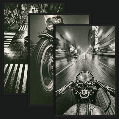 Built to Vanish Collection framed artwork view: three monochrome motorcycle artworks showing a front wheel, rider-view cockpit and overhead street crossing.