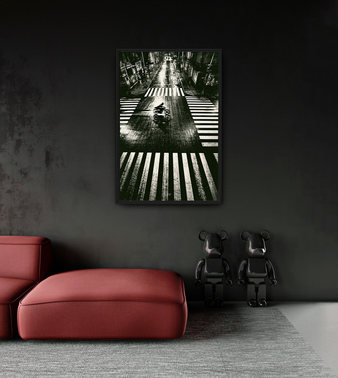 Trace cinematic city wall art displayed in a dark modern interior