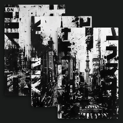 Metropolis Collection artwork view: three black-and-white city collages depicting London, New York and Tokyo.
