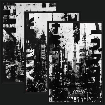 Metropolis Collection framed artwork view: three black-and-white city collages depicting London, New York and Tokyo.