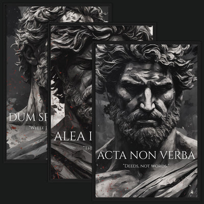 Echoes of the Empire Collection framed artwork view: three monochrome bearded classical portraits with Latin mottoes and small red accents.