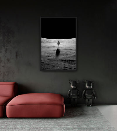 II. Passage room mockup: a solitary astronaut casting a long shadow on a monochrome lunar surface, shown above a red chaise.