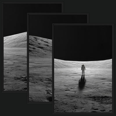 Into the Silence Collection framed artwork view: three monochrome lunar landscapes with a solitary astronaut in one artwork.