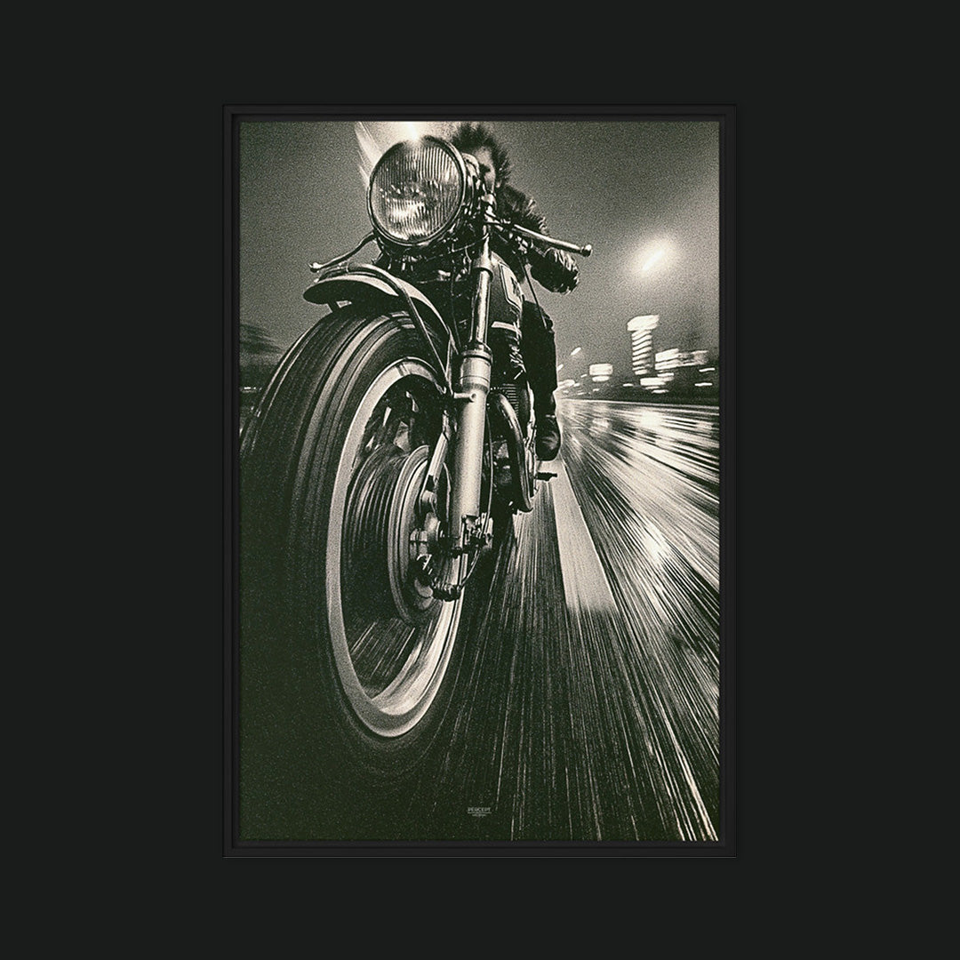 Framed Grip monochrome motorcycle print with a vintage racing bike and streaked city lights