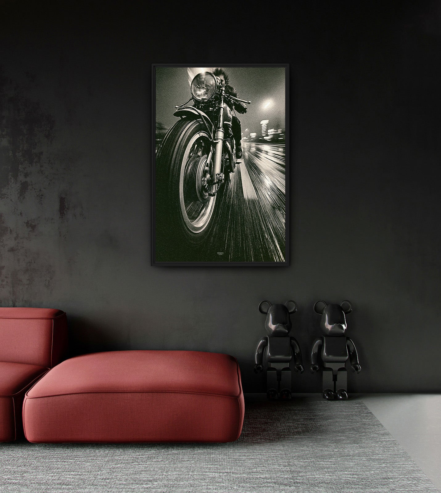 Grip motorcycle wall art displayed in a dark modern interior