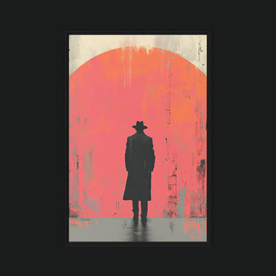The Kingmaker framed artwork view: a dark figure in a brimmed hat and long coat against a large coral sun-like circle.