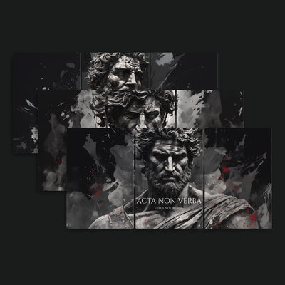 Echoes of the Empire Collection framed artwork view: three triptych versions of monochrome bearded classical portraits with Latin mottoes and small red accents.