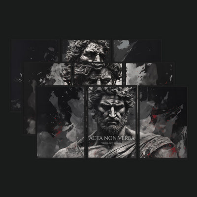 Echoes of the Empire Collection artwork view: three triptych versions of monochrome bearded classical portraits with Latin mottoes and small red accents.