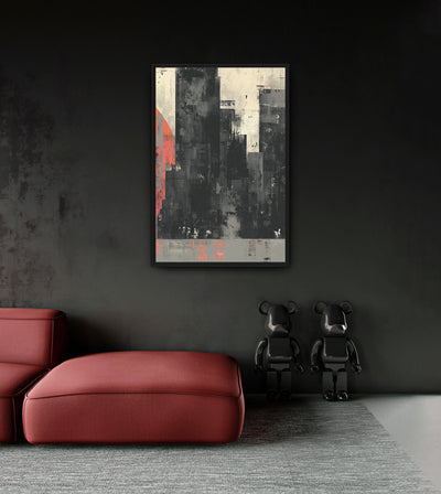 The Right Hand room mockup: dark block-like city towers on cream with a partial coral circle at the left edge, shown above a red chaise.