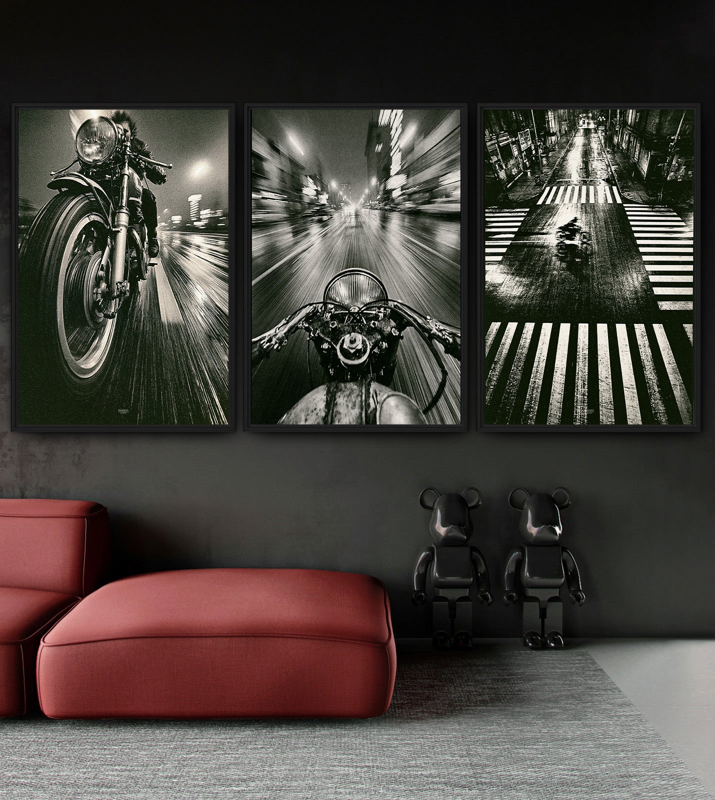 Built to Vanish three-piece motorcycle wall art displayed in a dark modern living room