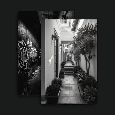 One And The Same Bundle artwork view: two monochrome passage artworks contrasting a graffiti alley and a bright plant-lined courtyard.