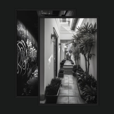 One And The Same Bundle framed artwork view: two monochrome passage artworks contrasting a graffiti alley and a bright plant-lined courtyard.