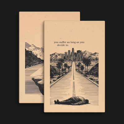 Quiet Fight Bundle artwork view: two beige illustrated road scenes with solitary figures and quotations about suffering and change.