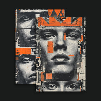 Fragments of Man Bundle artwork view: two monochrome male-face collages with orange graphic blocks.