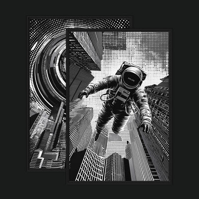 The METHOD Bundle framed artwork view: two black-and-white surreal city artworks with a floating astronaut and a circular mechanical opening.