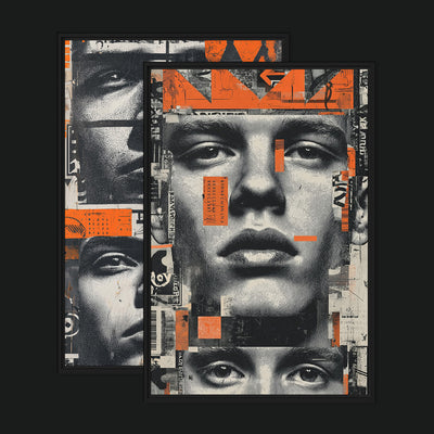 Fragments of Man Bundle framed artwork view: two monochrome male-face collages with orange graphic blocks.