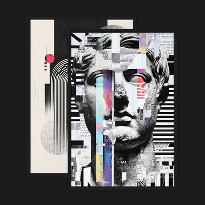 Genesis & Design Bundle framed artwork view: two artworks pairing a fragmented classical face with black, grey and red geometric lines.