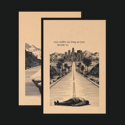Quiet Fight Bundle framed artwork view: two beige illustrated road scenes with solitary figures and quotations about suffering and change.