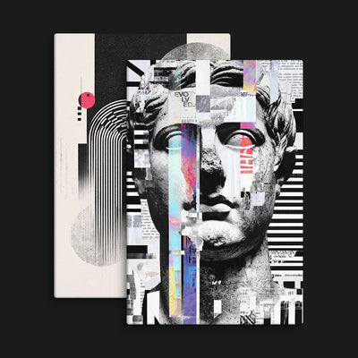 Genesis & Design Bundle artwork view: two artworks pairing a fragmented classical face with black, grey and red geometric lines.