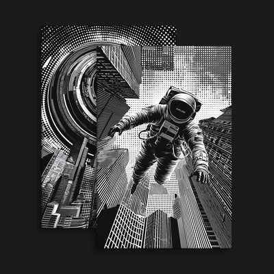 The METHOD Bundle artwork view: two black-and-white surreal city artworks with a floating astronaut and a circular mechanical opening.