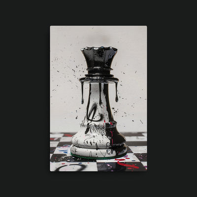 Culture War artwork view: a white chess queen with black dripping paint on a marked chessboard.