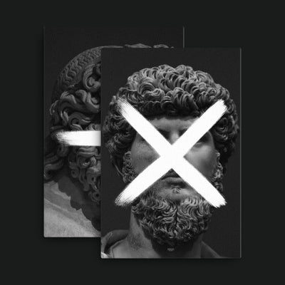 Product & Quotient Bundle artwork view: two monochrome classical heads with white multiplication and division signs.