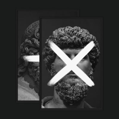 Product & Quotient Bundle framed artwork view: two monochrome classical heads with white multiplication and division signs.