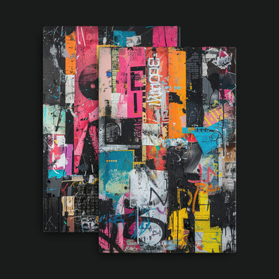 Urban Vibrance Bundle artwork view: two brightly colored collage artworks with pink, orange, turquoise and black shapes.
