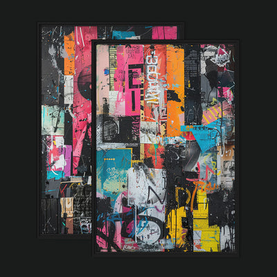 Urban Vibrance Bundle framed artwork view: two brightly colored collage artworks with pink, orange, turquoise and black shapes.