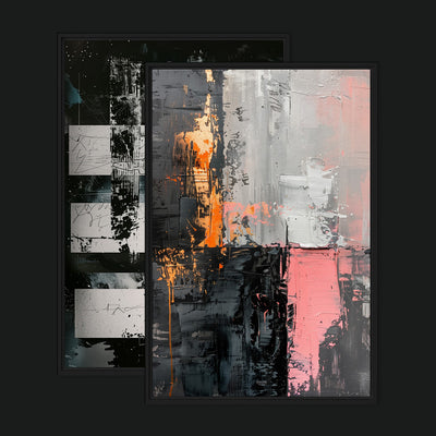 Dusk to Dawn Bundle framed artwork view: two abstract artworks contrasting black, white and turquoise with pink, grey and orange.