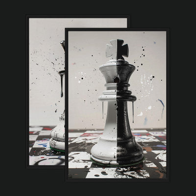 King & Queen Bundle framed artwork view: two chess artworks showing a split black-and-white king and a paint-marked queen.