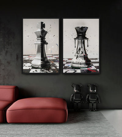 King & Queen Bundle room mockup: two chess artworks showing a split black-and-white king and a paint-marked queen, shown above a red chaise.