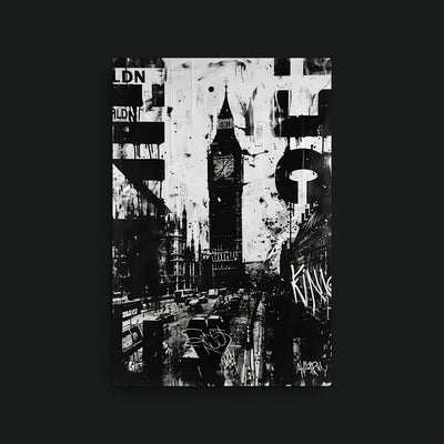 London artwork view: a black-and-white London collage centered on Big Ben with bold lettering and splashes.