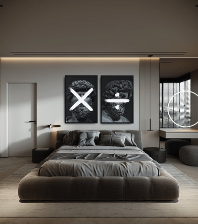 One And Only Truth Collection room mockup: only the multiplication and division artworks shown above a bed.