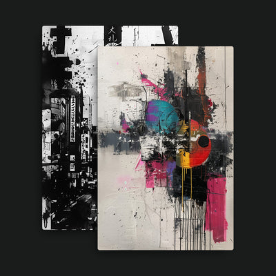 Metropolitan Madness Bundle artwork view: two artworks pairing a monochrome Tokyo collage with pink, turquoise and orange abstraction.