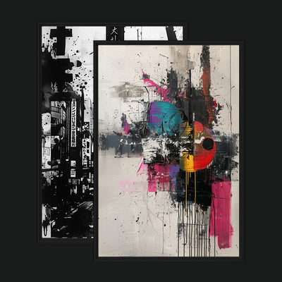 Metropolitan Madness Bundle framed artwork view: two artworks pairing a monochrome Tokyo collage with pink, turquoise and orange abstraction.