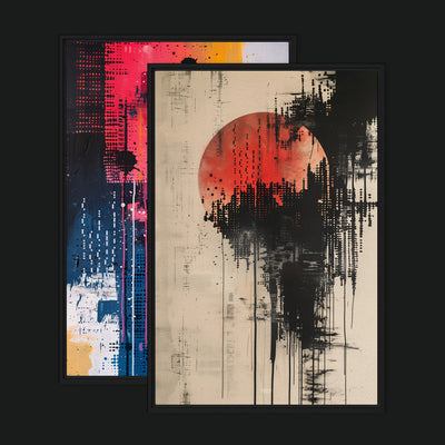 Moonlit Sunset Bundle framed artwork view: two abstract artworks pairing a red circle on beige with vivid pink, yellow and blue marks.