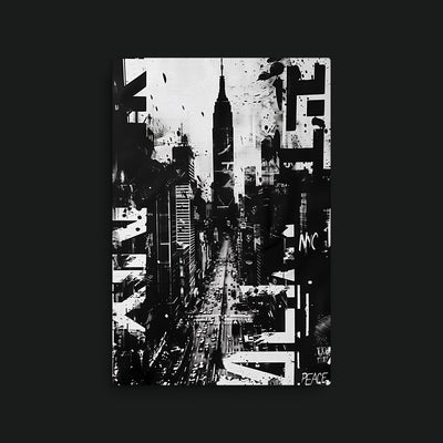 New York City artwork view: a black-and-white New York street collage with the Empire State Building and layered lettering.
