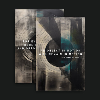 Newton's Laws Bundle artwork view: two teal, cream and black geometric artworks with Newton law quotations.