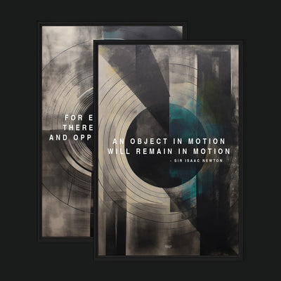 Newton's Laws Bundle framed artwork view: two teal, cream and black geometric artworks with Newton law quotations.