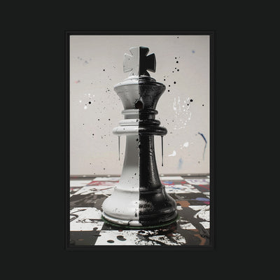 Political Divide framed artwork view: a chess king split into black and white halves on a splattered chessboard.