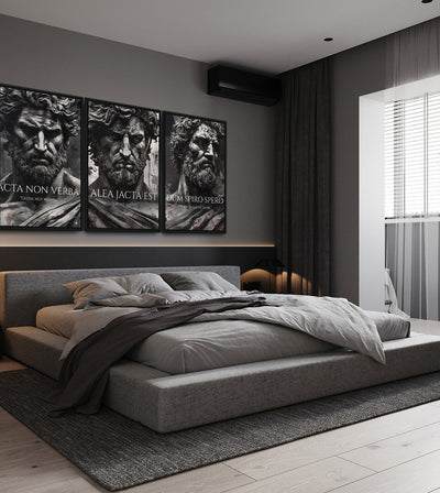 Echoes of the Empire Collection room mockup: three monochrome bearded classical portraits with Latin mottoes and small red accents, shown above a grey bed.