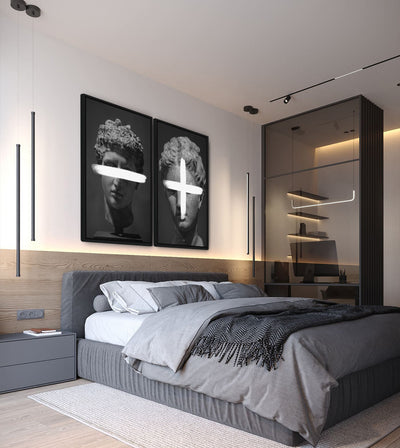 Plus & Minus Bundle room mockup: two monochrome classical heads with white plus and minus signs, shown above a bed.