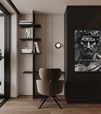 Deeds, Not Words room mockup: a monochrome bearded classical figure with ACTA NON VERBA and DEEDS, NOT WORDS lettering, shown beside a reading chair.