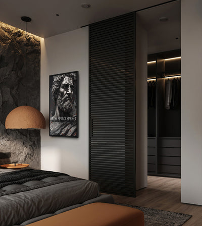 While I Breathe, I Hope room mockup: a monochrome bearded classical figure with DUM SPIRO SPERO and WHILE I BREATHE, I HOPE lettering, shown beside a bed.