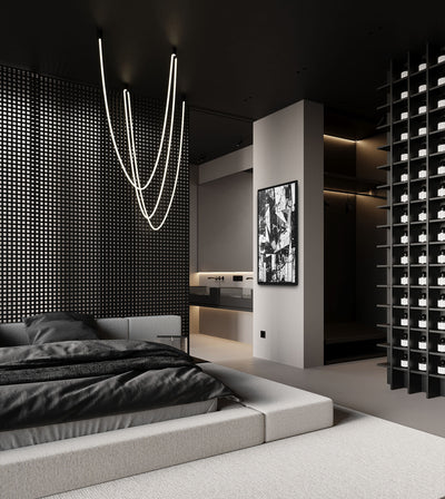 Shadows of the Past room mockup: sharp black-and-white collage fragments and drips, shown on a bedroom partition wall.