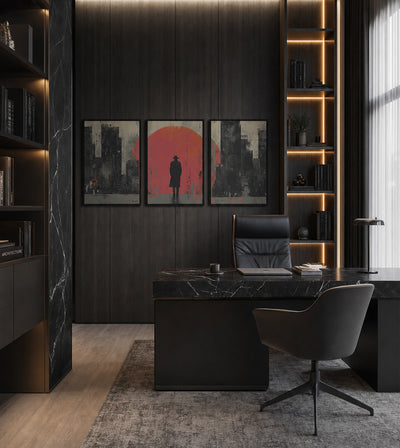 Empire of Ash Collection room mockup: three textured city artworks with a hat-wearing figure against a coral circle in the center, shown behind a dark office desk.