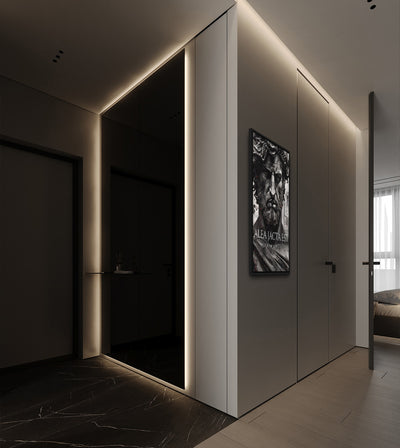 The Die Is Cast room mockup: a monochrome bearded classical figure with ALEA IACTA EST lettering, shown on a hallway wall.
