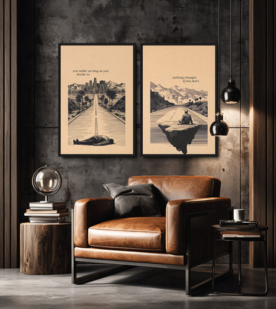 Quiet Fight Bundle room mockup: two beige illustrated road scenes with solitary figures and quotations about suffering and change, shown above a brown leather armchair.